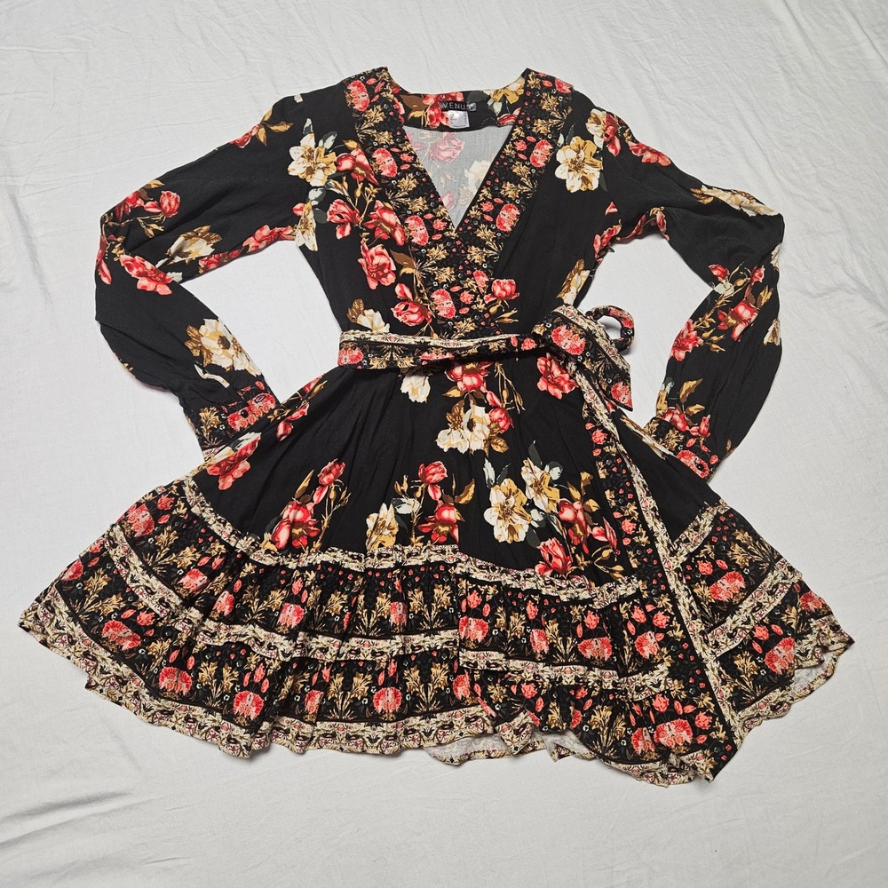 Venus Floral Mini Dress Womens Size 2 Black Boho Ruffle Tiered V-Neck LongSleeve